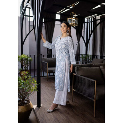 House of Chikankari Nazm Chikankari Mulmul Straight Kurta - Grey