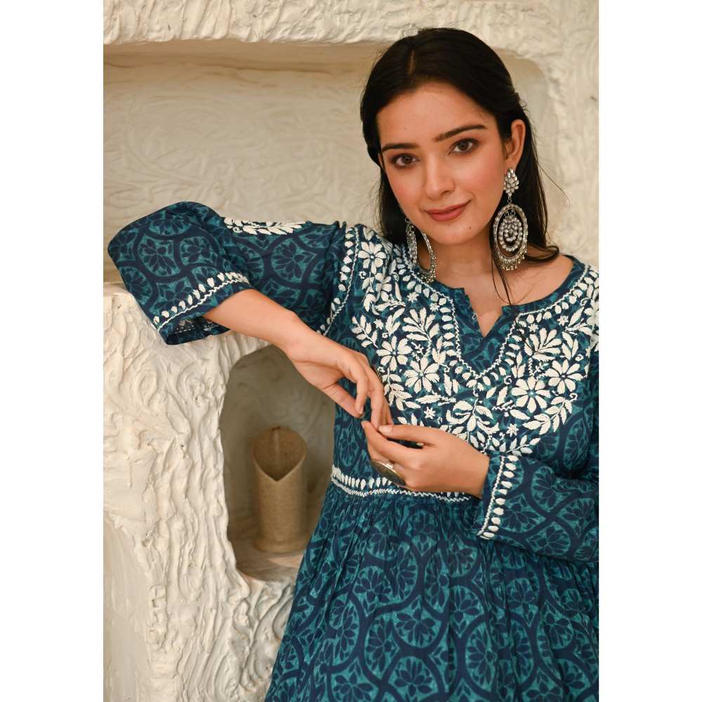 House of Chikankari Aidah Chikankari Mulmul Short Kurta - Navy Blue (Set of 2)
