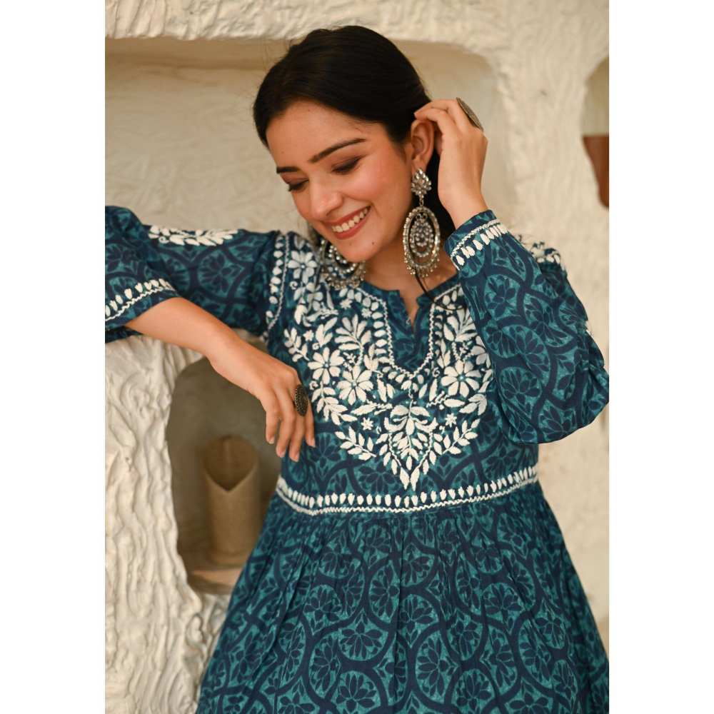 House of Chikankari Aidah Chikankari Mulmul Short Kurta - Navy Blue (Set of 2)