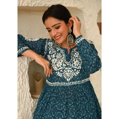 House of Chikankari Aidah Chikankari Mulmul Short Kurta - Navy Blue (Set of 2)