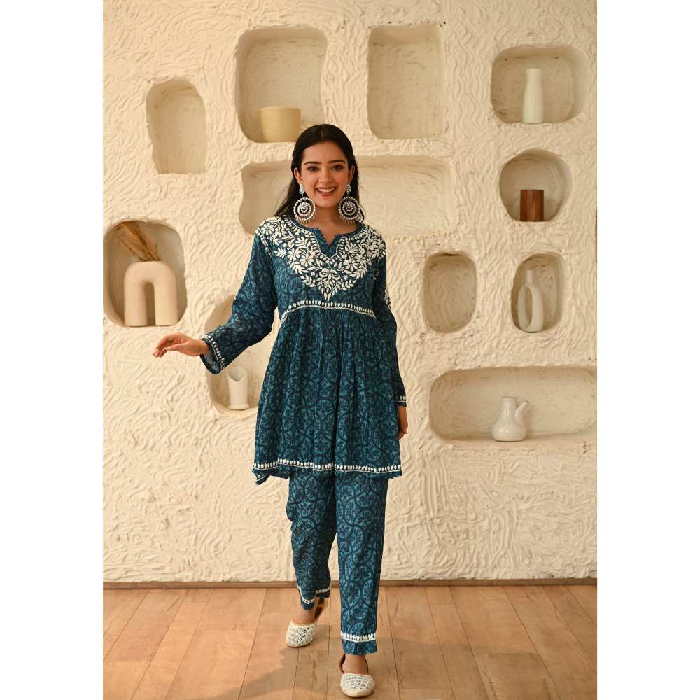 House of Chikankari Aidah Chikankari Mulmul Short Kurta - Navy Blue (Set of 2)