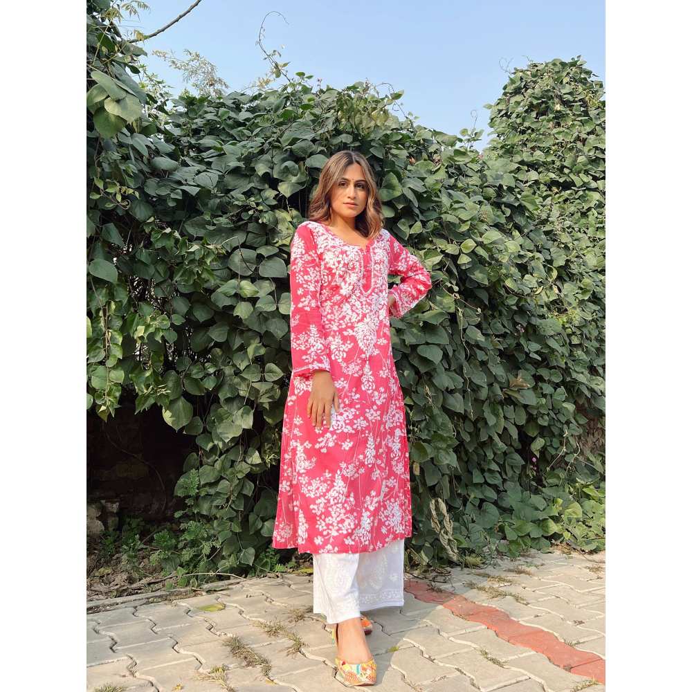 House of Chikankari Zainab Chikankari Mulmul Straight Kurta - Pink