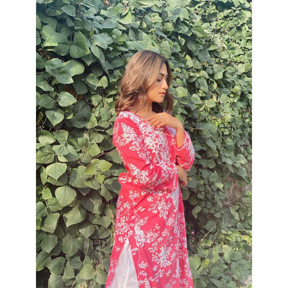 House of Chikankari Zainab Chikankari Mulmul Straight Kurta - Pink