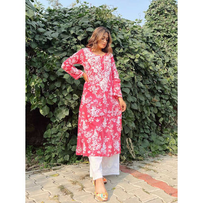 House of Chikankari Zainab Chikankari Mulmul Straight Kurta - Pink