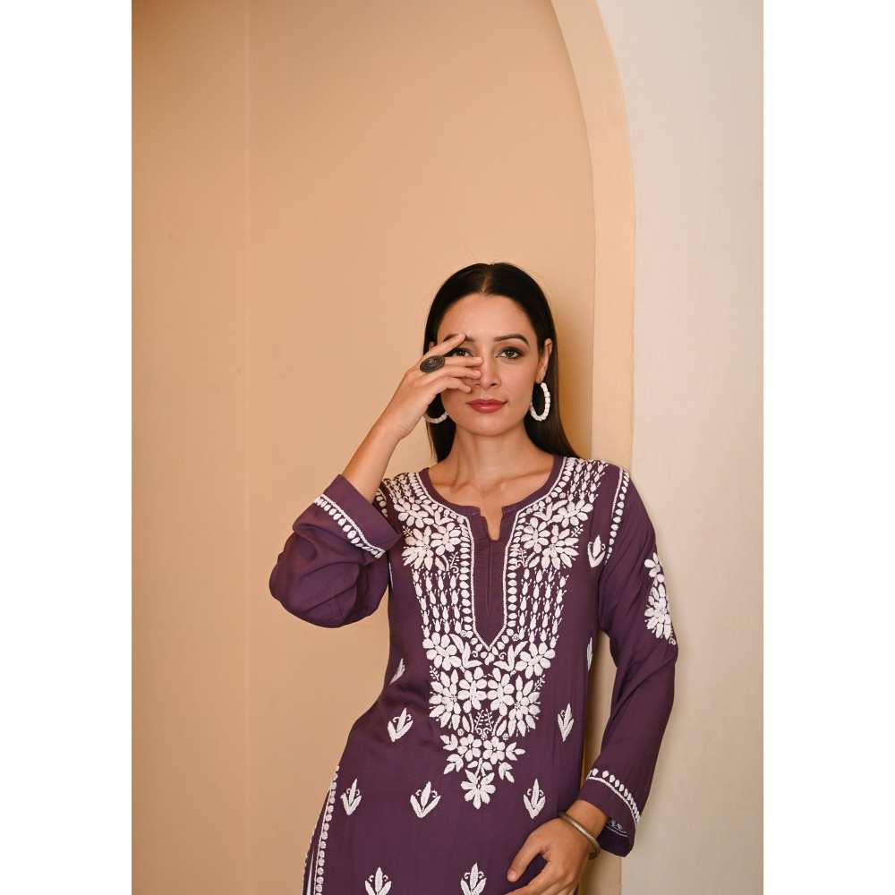 House of Chikankari Eshal Chikankari Modal Straight Kurta - Purple