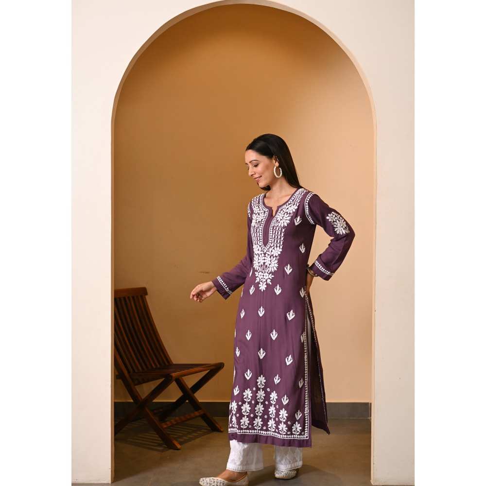 House of Chikankari Eshal Chikankari Modal Straight Kurta - Purple