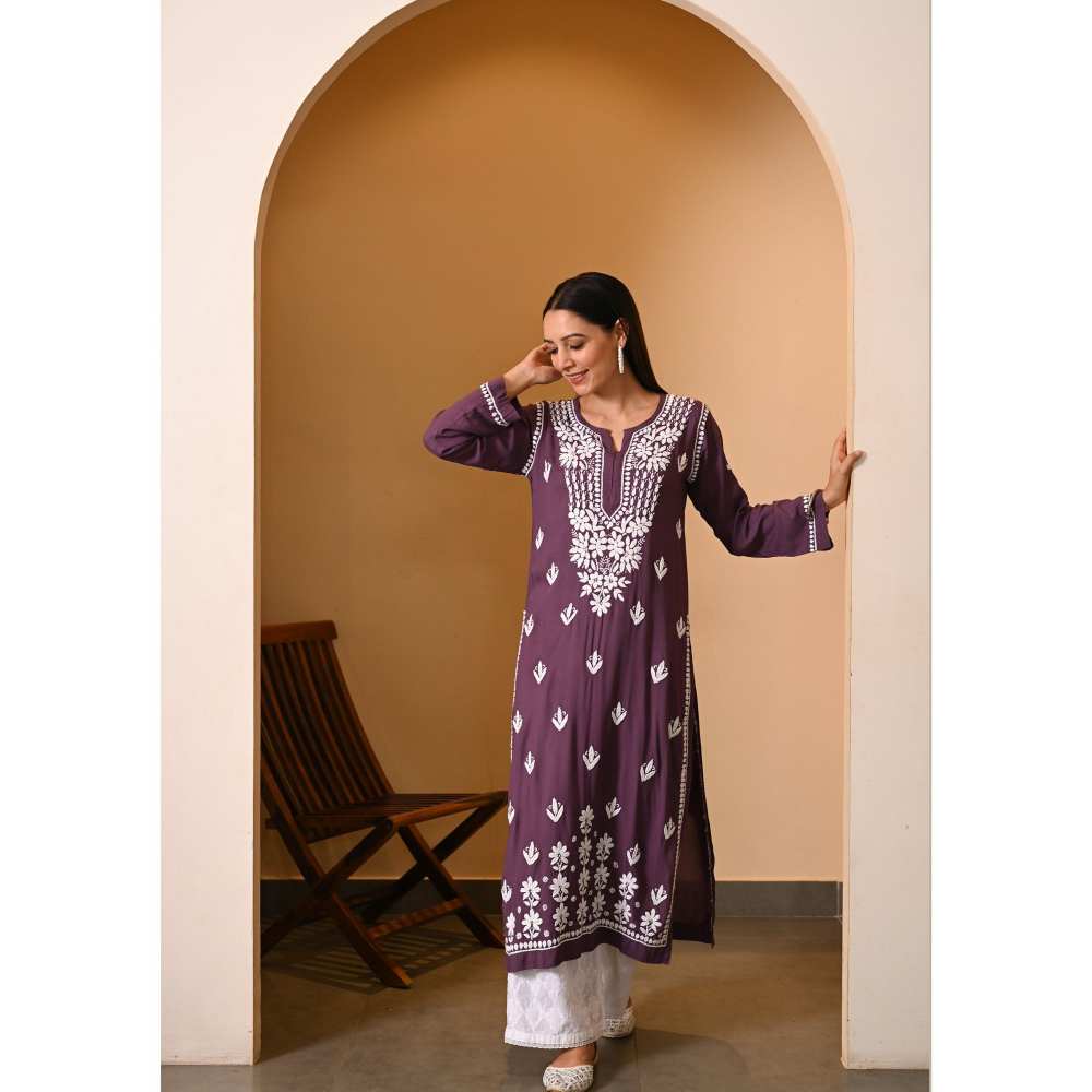 House of Chikankari Eshal Chikankari Modal Straight Kurta - Purple