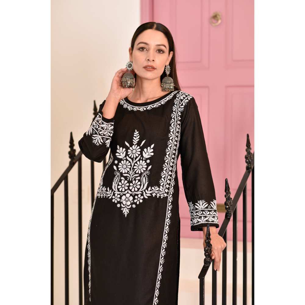 House of Chikankari Sidra Chikankari Cotton Straight Kurta - Black