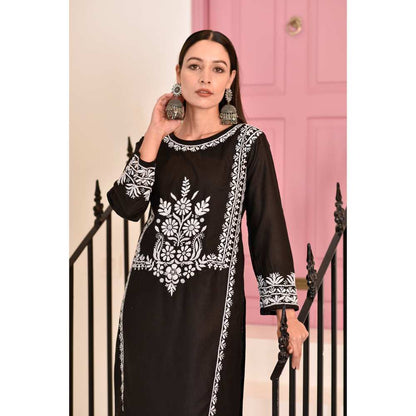 House of Chikankari Sidra Chikankari Cotton Straight Kurta - Black
