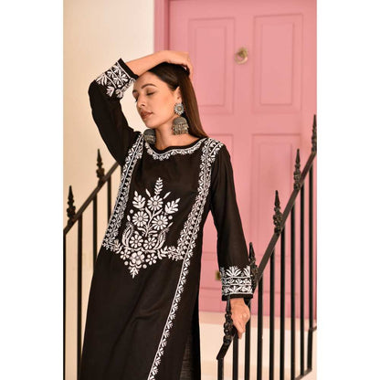 House of Chikankari Sidra Chikankari Cotton Straight Kurta - Black