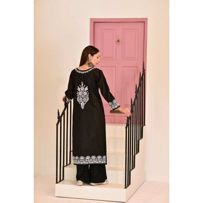 House of Chikankari Sidra Chikankari Cotton Straight Kurta - Black