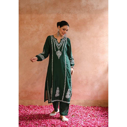 House of Chikankari Kajra Chikankari Chanderi Straight Kurta - Green (Set of 2)
