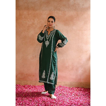 House of Chikankari Kajra Chikankari Chanderi Straight Kurta - Green (Set of 2)