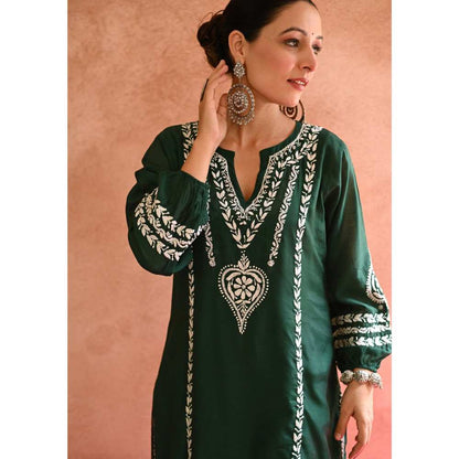 House of Chikankari Kajra Chikankari Chanderi Straight Kurta - Green (Set of 2)