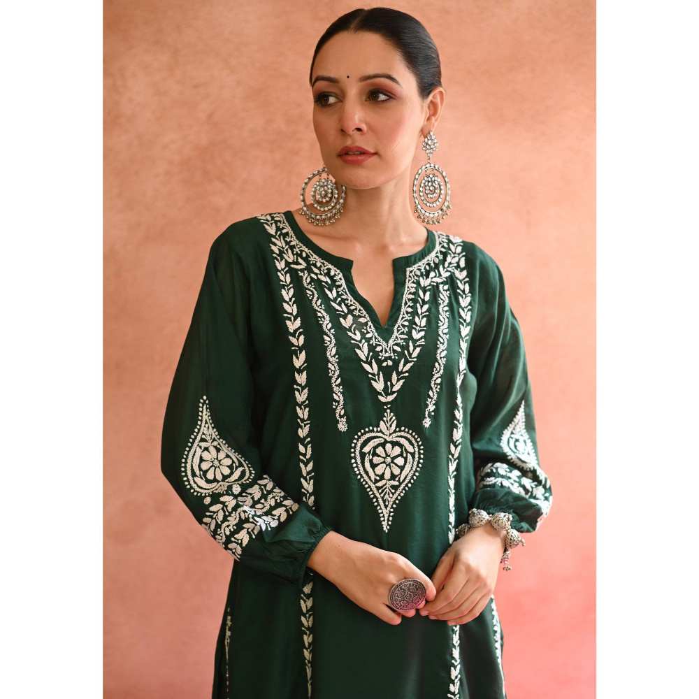 House of Chikankari Kajra Chikankari Chanderi Straight Kurta - Green (Set of 2)