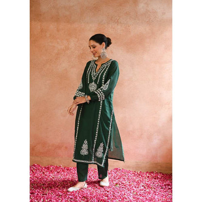 House of Chikankari Kajra Chikankari Chanderi Straight Kurta - Green (Set of 2)