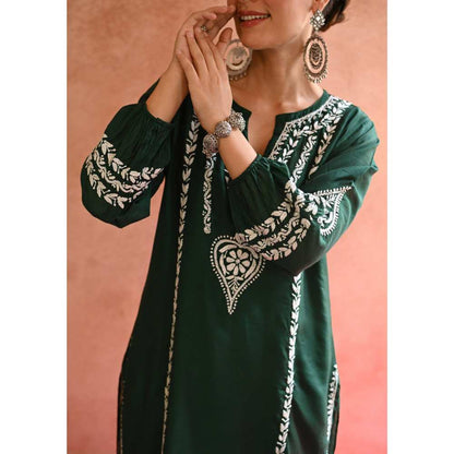 House of Chikankari Kajra Chikankari Chanderi Straight Kurta - Green (Set of 2)