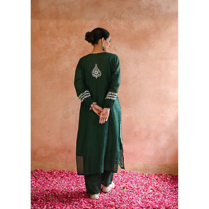 House of Chikankari Kajra Chikankari Chanderi Straight Kurta - Green (Set of 2)