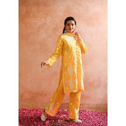 House of Chikankari Abru Chikankari Cotton Short Kurta - Yellow (Set of 2)