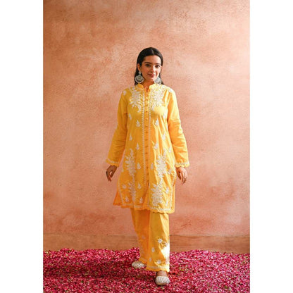 House of Chikankari Abru Chikankari Cotton Short Kurta - Yellow (Set of 2)