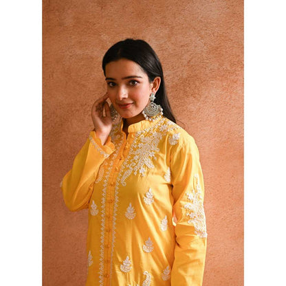 House of Chikankari Abru Chikankari Cotton Short Kurta - Yellow (Set of 2)