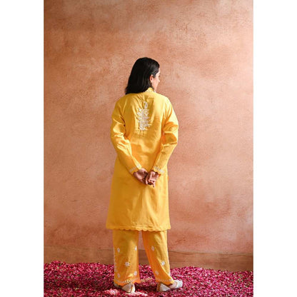 House of Chikankari Abru Chikankari Cotton Short Kurta - Yellow (Set of 2)