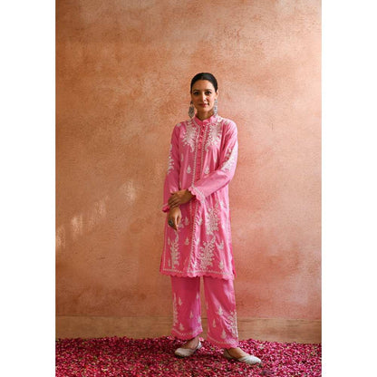 House of Chikankari Abru Chikankari Cotton Short Kurta - Pink (Set of 2)