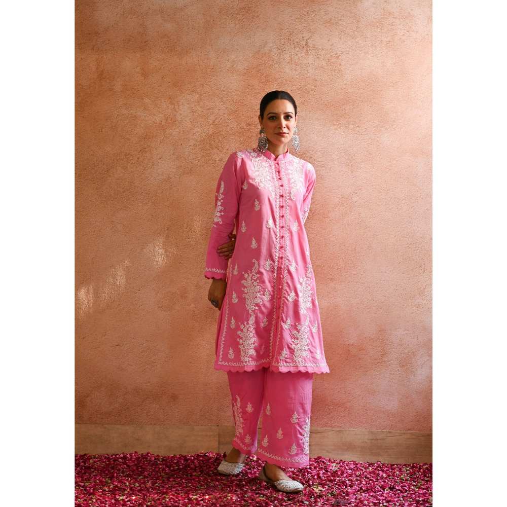 House of Chikankari Abru Chikankari Cotton Short Kurta - Pink (Set of 2)