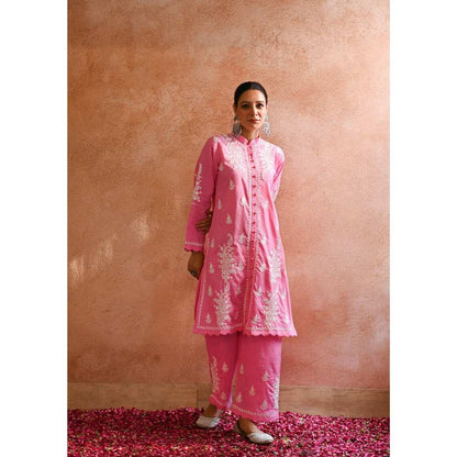 House of Chikankari Abru Chikankari Cotton Short Kurta - Pink (Set of 2)