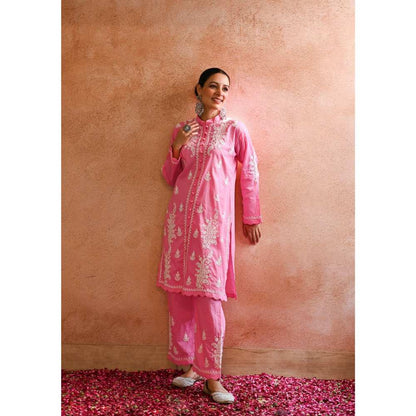 House of Chikankari Abru Chikankari Cotton Short Kurta - Pink (Set of 2)