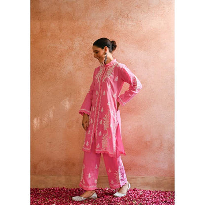 House of Chikankari Abru Chikankari Cotton Short Kurta - Pink (Set of 2)