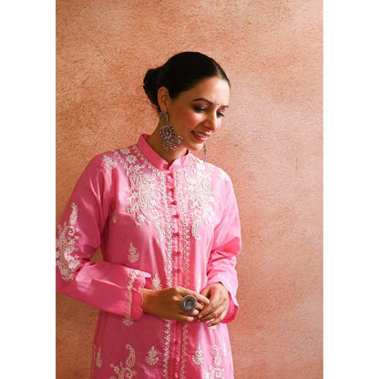 House of Chikankari Abru Chikankari Cotton Short Kurta - Pink (Set of 2)