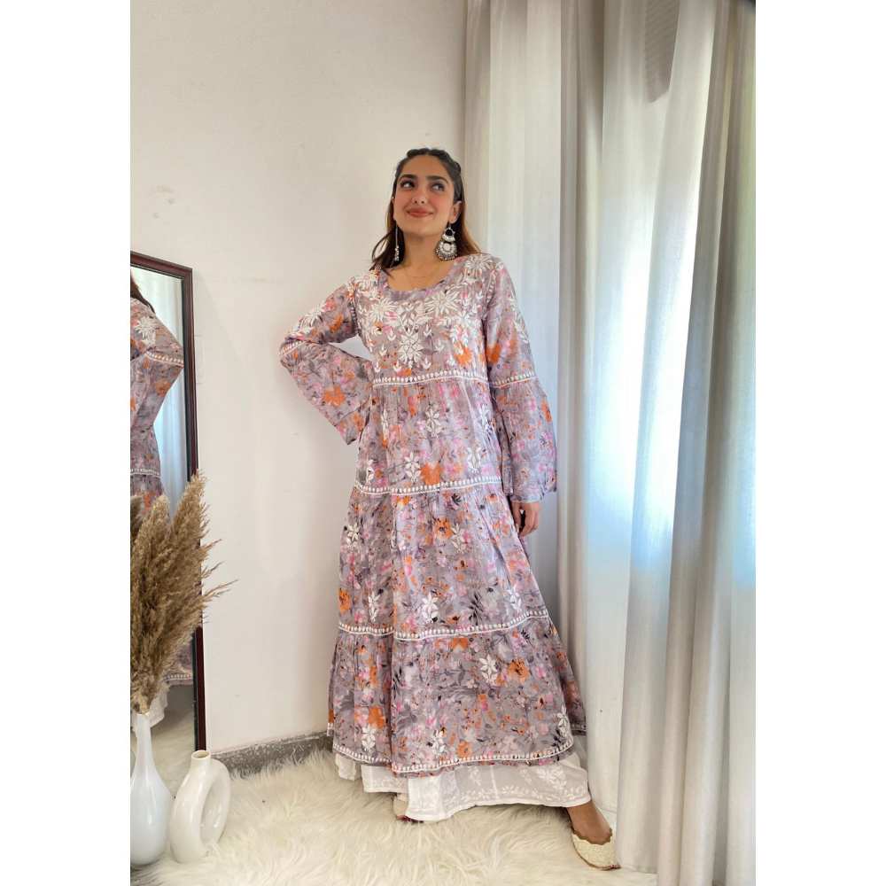 House Of Chikankari Zarah Chikankari Mulmul Tiered A-Line Gown