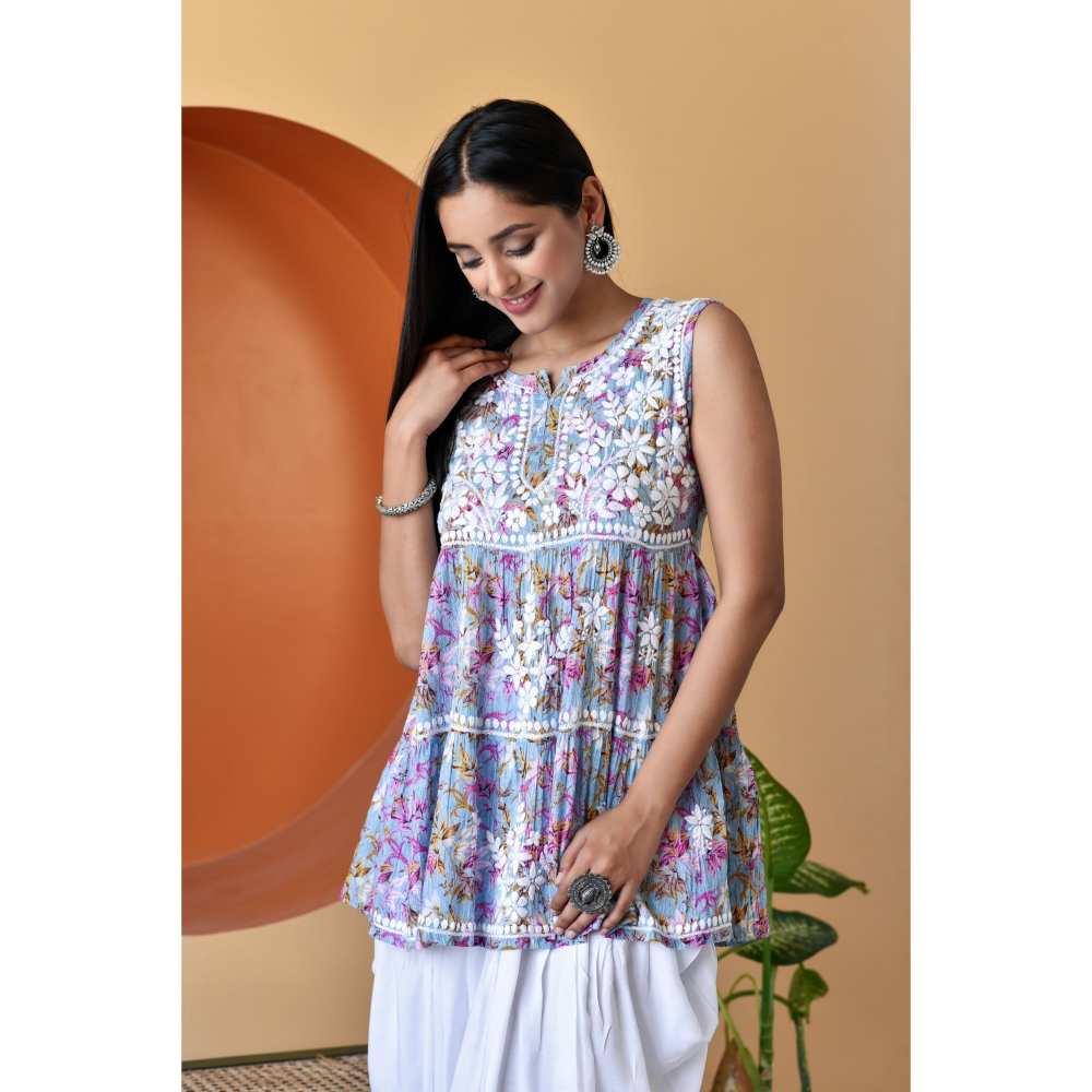 House Of Chikankari Hanifa Chikankari Mulmul Short Sleeveless Kurta