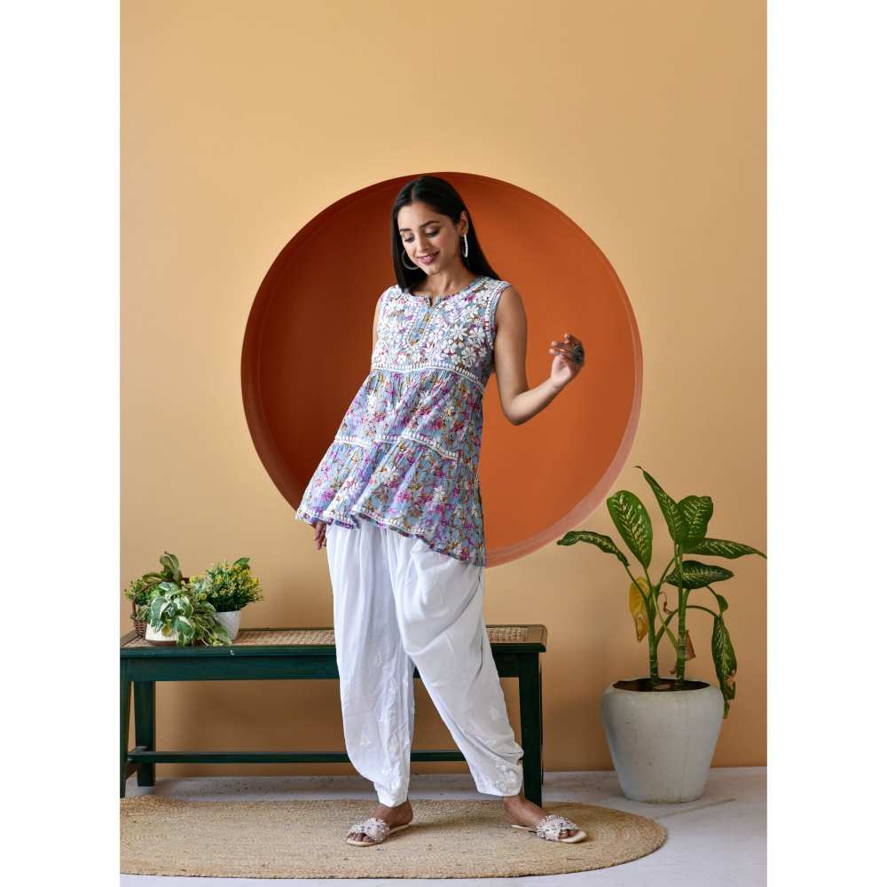 House Of Chikankari Hanifa Chikankari Mulmul Short Sleeveless Kurta