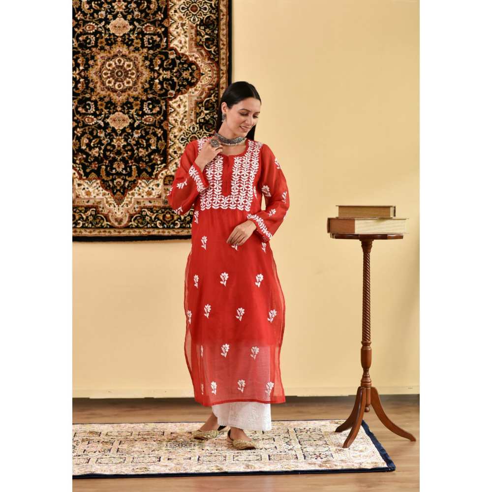House Of Chikankari Mona Chikankari Chanderi Straight Kurta (Set of 2)