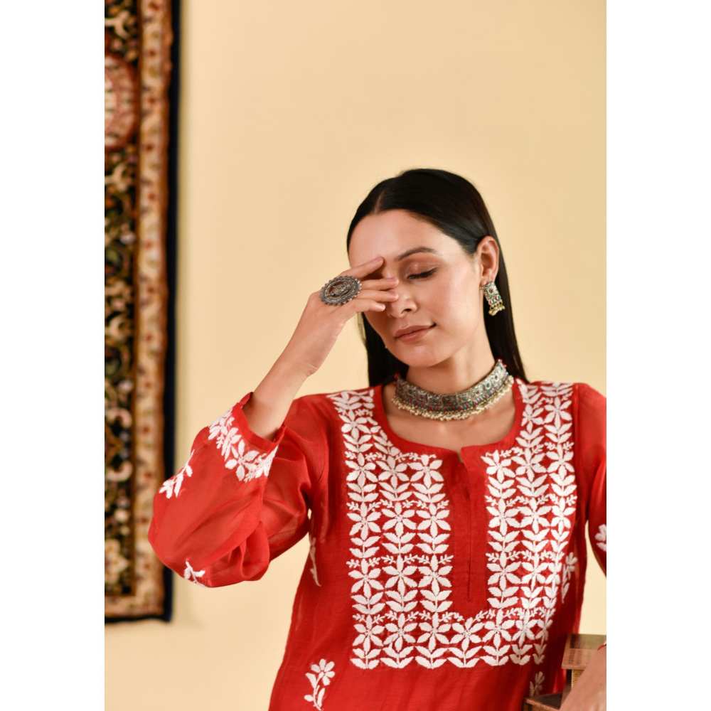 House Of Chikankari Mona Chikankari Chanderi Straight Kurta (Set of 2)