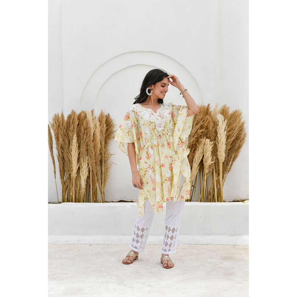 House Of Chikankari Jafna Chikankari Mulmul Short Yellow Kaftan