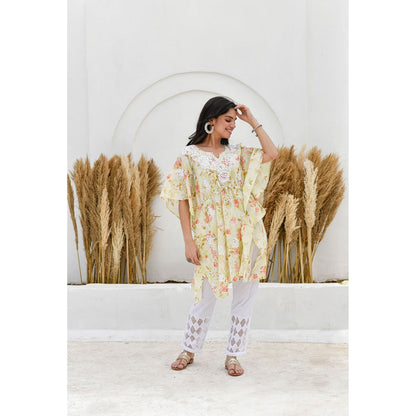 House Of Chikankari Jafna Chikankari Mulmul Short Yellow Kaftan