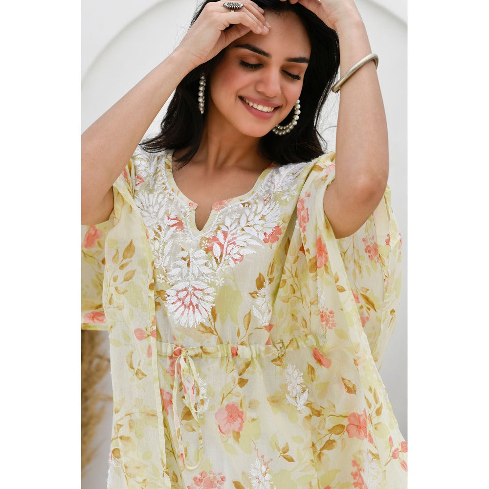 House Of Chikankari Jafna Chikankari Mulmul Short Yellow Kaftan