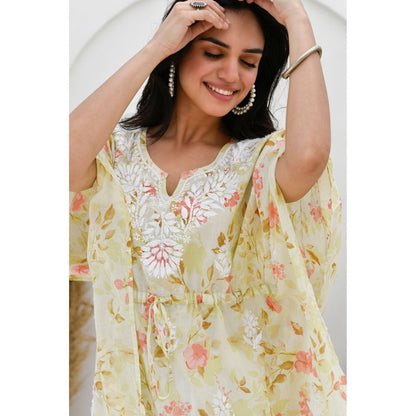House Of Chikankari Jafna Chikankari Mulmul Short Yellow Kaftan