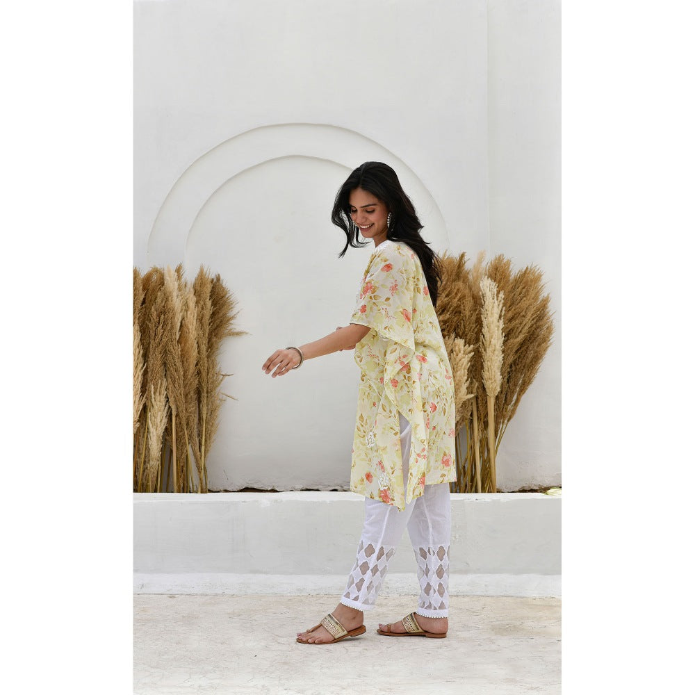 House Of Chikankari Jafna Chikankari Mulmul Short Yellow Kaftan