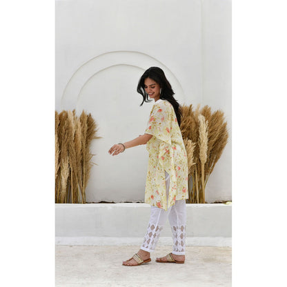 House Of Chikankari Jafna Chikankari Mulmul Short Yellow Kaftan