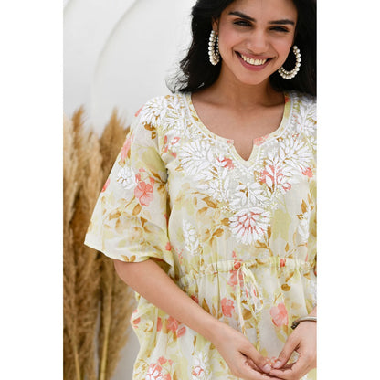 House Of Chikankari Jafna Chikankari Mulmul Short Yellow Kaftan