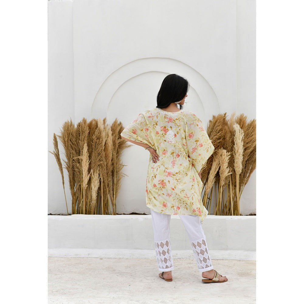 House Of Chikankari Jafna Chikankari Mulmul Short Yellow Kaftan