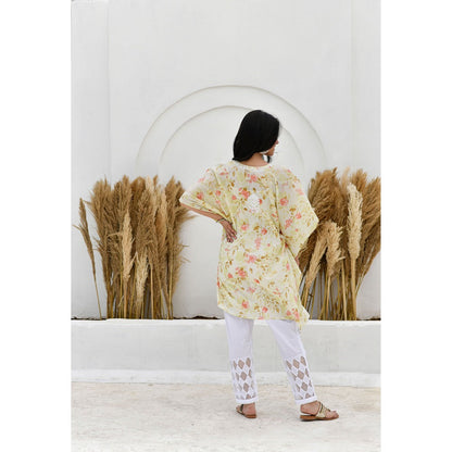 House Of Chikankari Jafna Chikankari Mulmul Short Yellow Kaftan