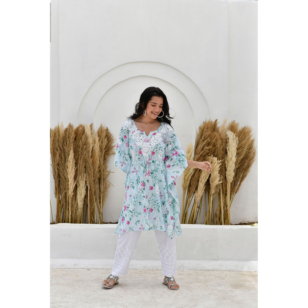 House Of Chikankari Jafna Chikankari Mulmul Short Blue Kaftan
