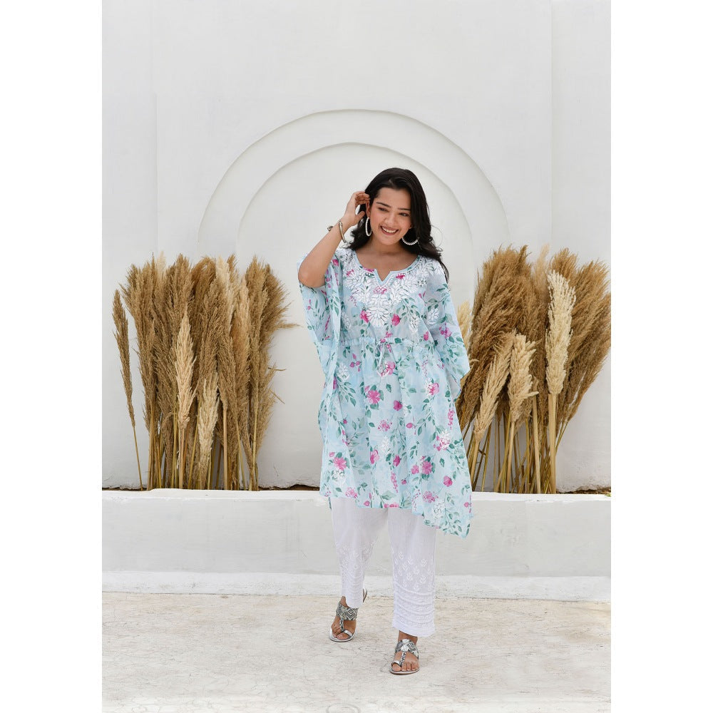 House Of Chikankari Jafna Chikankari Mulmul Short Blue Kaftan