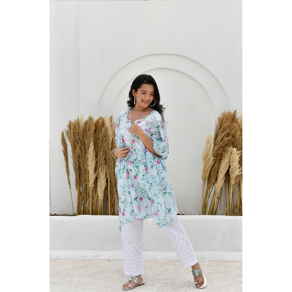 House Of Chikankari Jafna Chikankari Mulmul Short Blue Kaftan