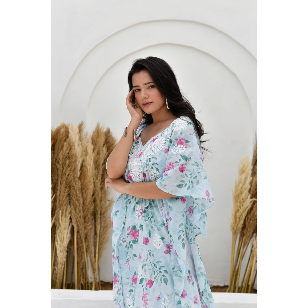 House Of Chikankari Jafna Chikankari Mulmul Short Blue Kaftan